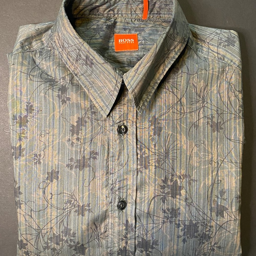 Hugo Boss Floral Dark Green Long Sleeve Shirt sz L